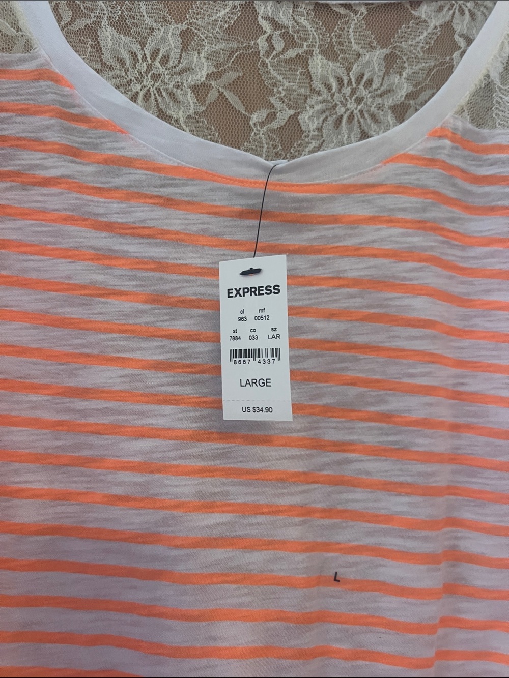 Express Women's Neon Coral & White Striped Lace-Back Tee - Picture 2 of 2